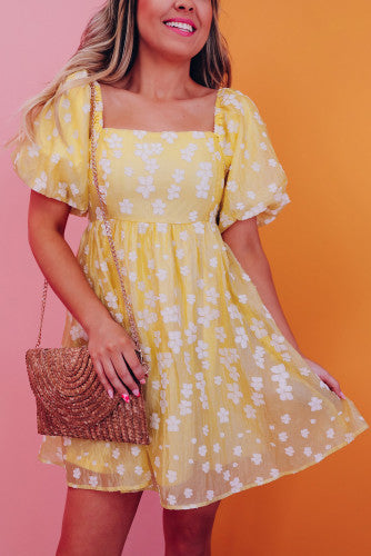 Yellow Floral Jacquard Dress