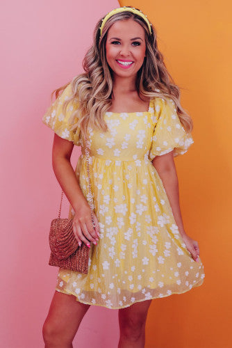Yellow Floral Jacquard Dress