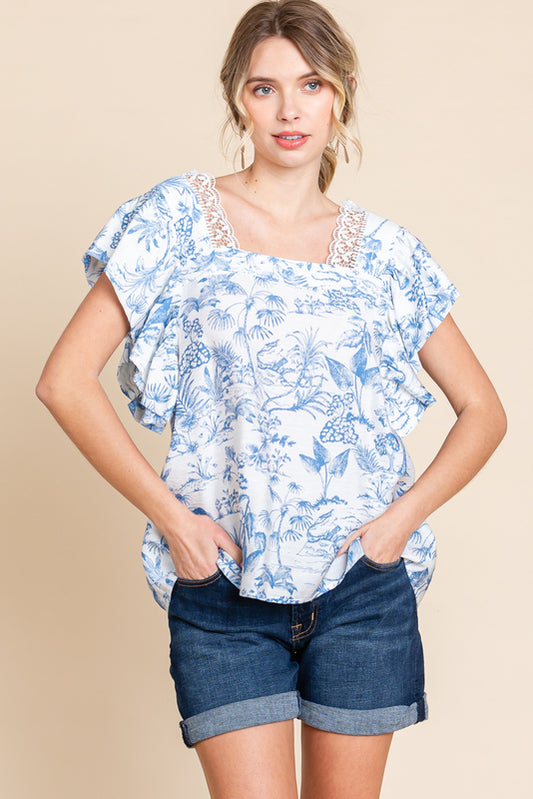 Blue Toile & Lace Top