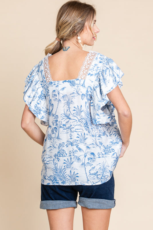 Blue Toile & Lace Top