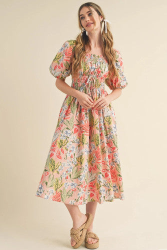 Hello Floral Smocked Midi Dress