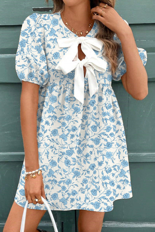 Sky Blue Floral Bow Dress