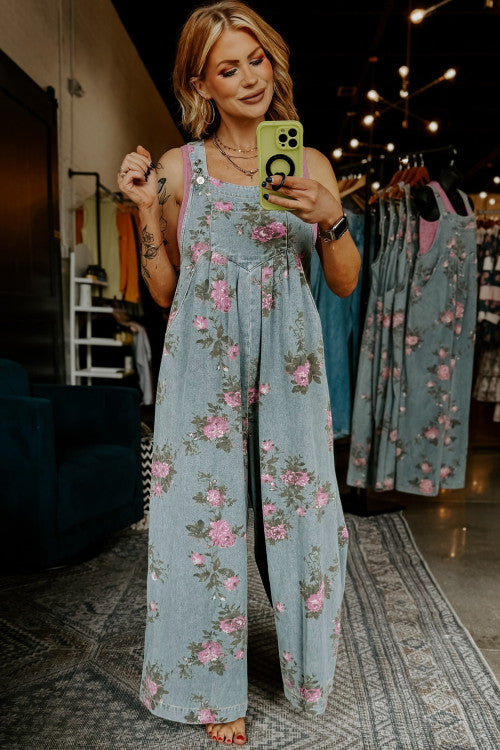 Floral Denim Overalls