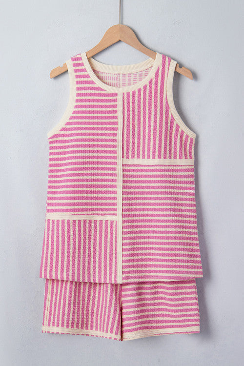Pink Stripe Textured Tank & Shorts Set