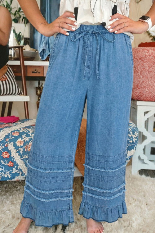Dusk Blue Ruffled Hem Pants