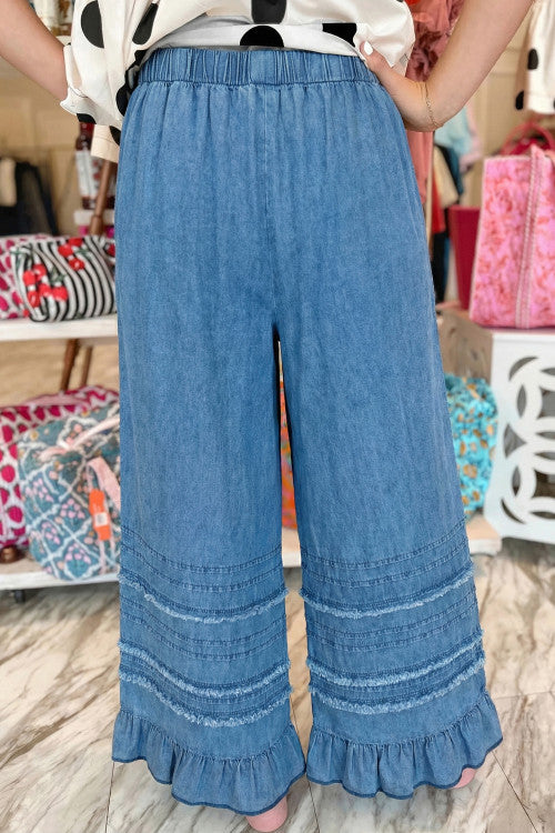 Dusk Blue Ruffled Hem Pants
