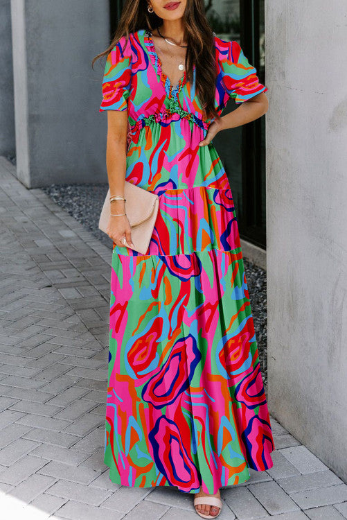 Multicolor V Neck Maxi