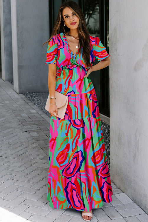 Multicolor V Neck Maxi