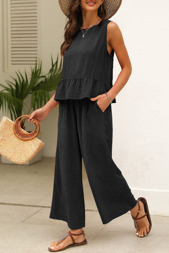 Black Ribbed Ruffle Tank & Pants Set