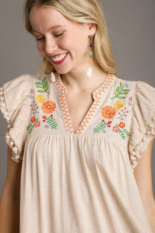 On Vacation Embroidery Pom Pom Dress