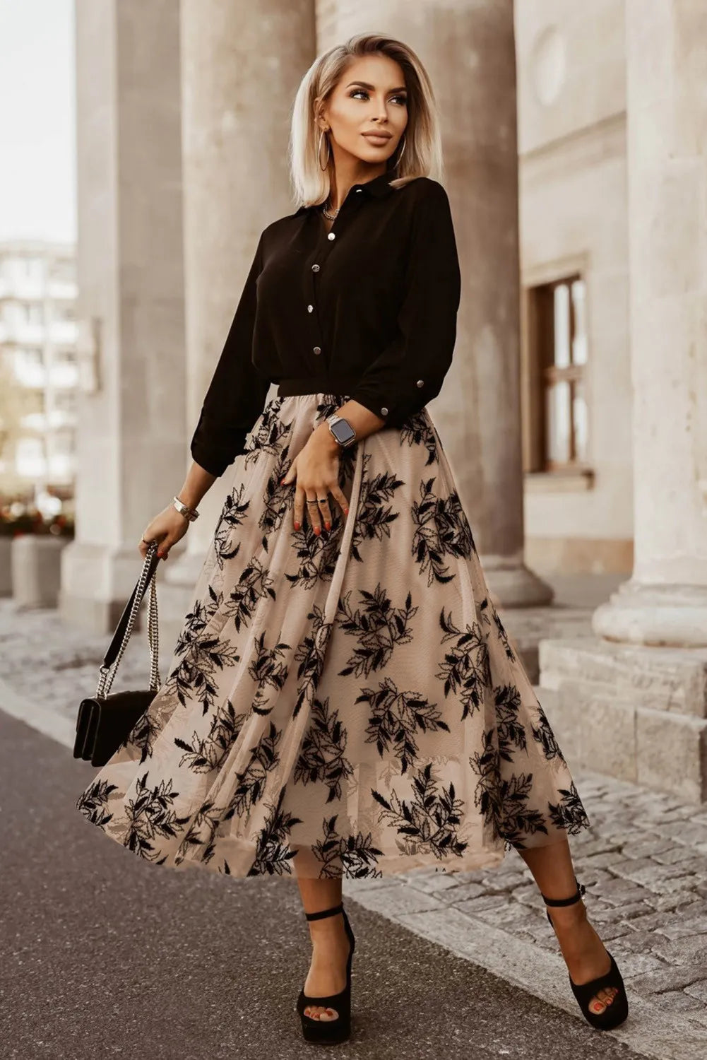 Apricot Floral High Waist Maxi Skirt