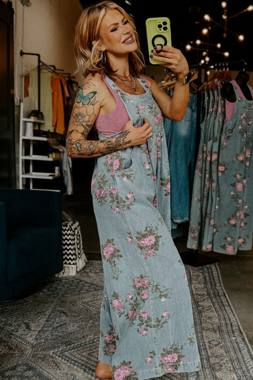 Floral Denim Overalls