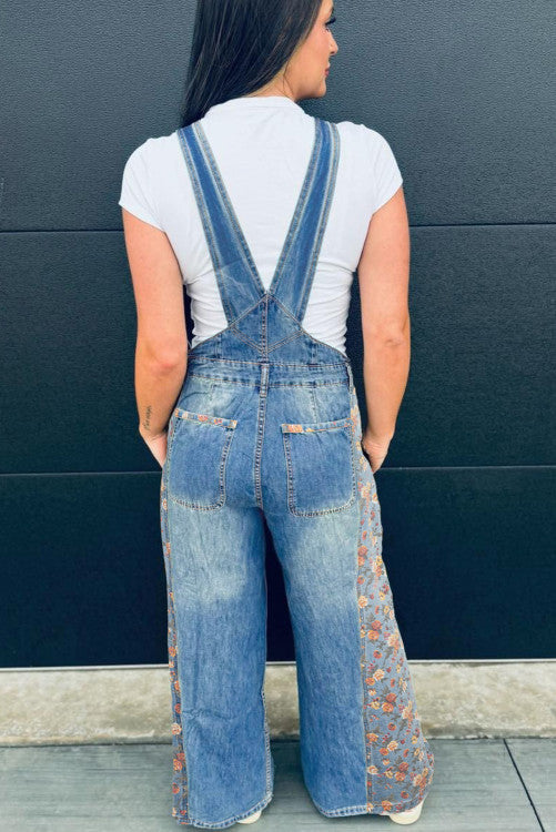 Floral Patchwork Denim Overalls