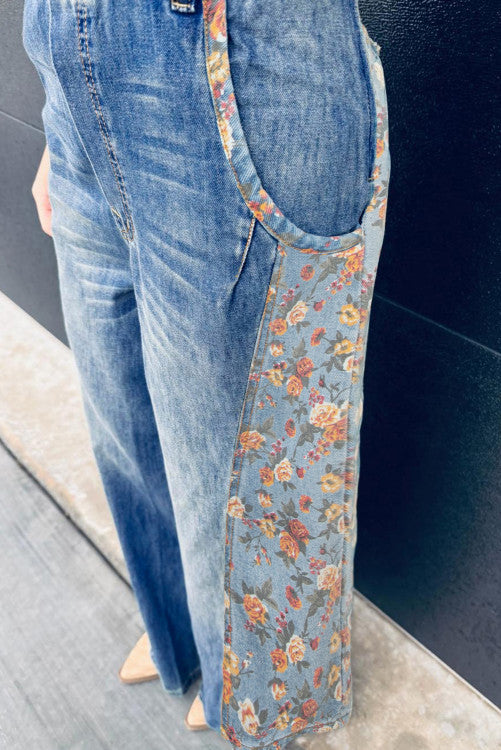Floral Patchwork Denim Overalls