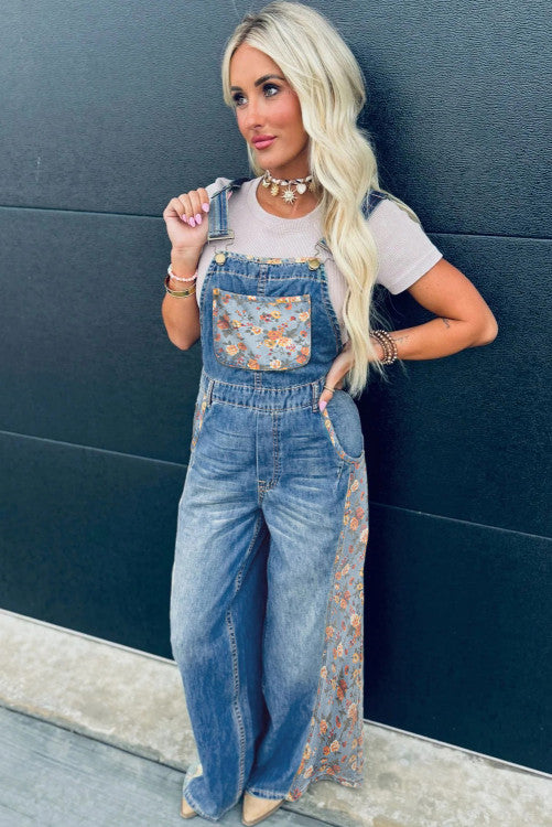 Floral Patchwork Denim Overalls