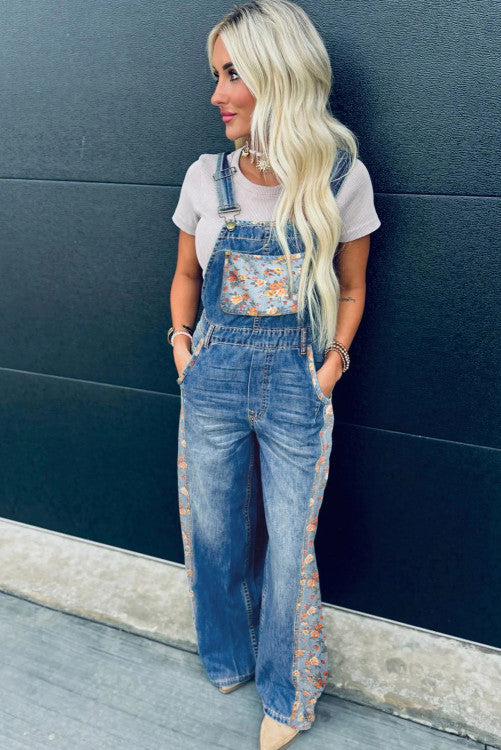 Floral Patchwork Denim Overalls