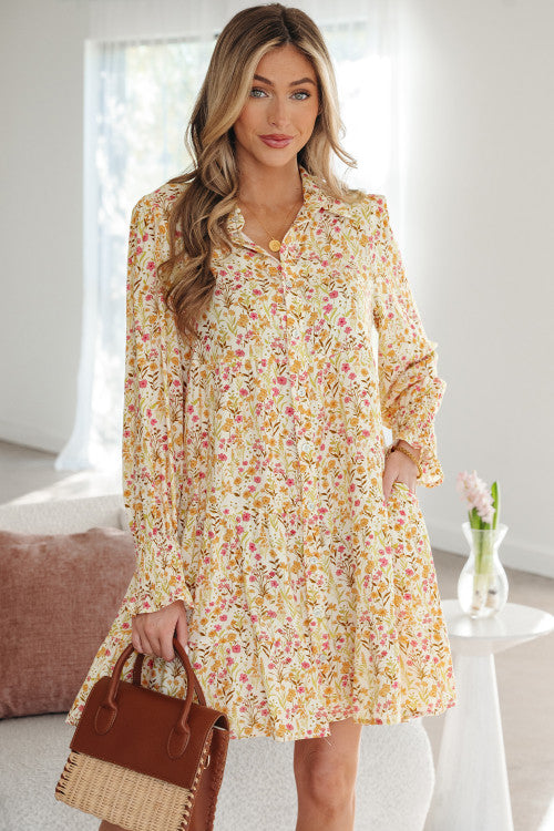 Yellow Floral Long Sleeve Shirt Dress