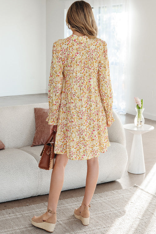Yellow Floral Long Sleeve Shirt Dress