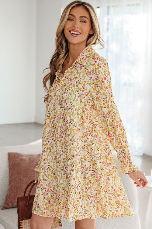 Yellow Floral Long Sleeve Shirt Dress