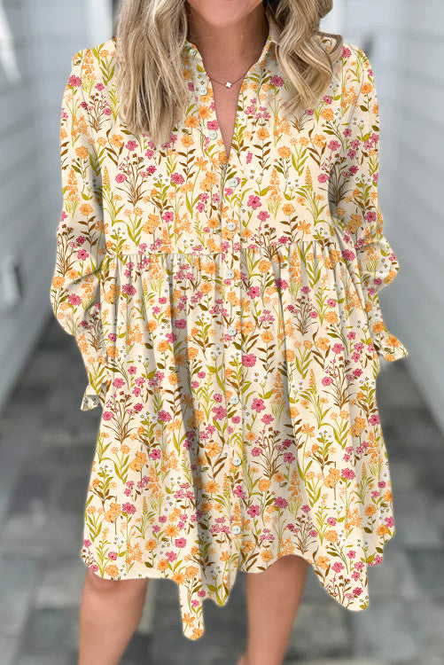 Yellow Floral Long Sleeve Shirt Dress