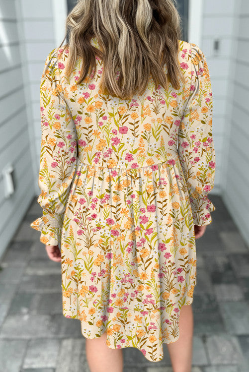 Yellow Floral Long Sleeve Shirt Dress