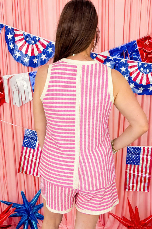 Pink Stripe Textured Tank & Shorts Set