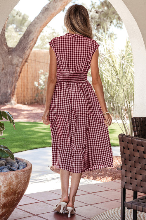 Red Plaid Zipper Cinched Waist Maxi
