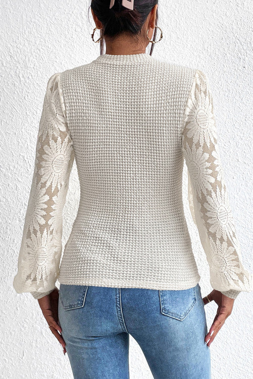 Beige Floral Mesh Sleeve Top