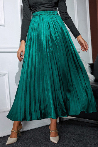 Green Satin Pleated Maxi Skirt