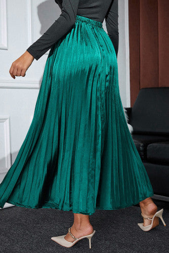 Green Satin Pleated Maxi Skirt