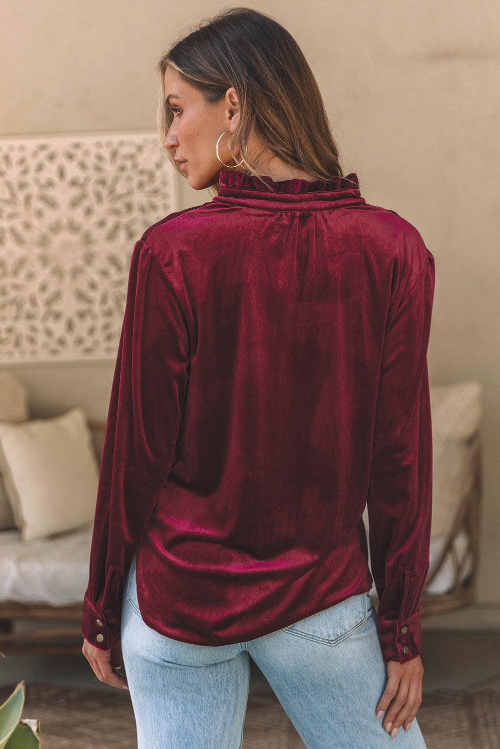 Calling On You Burgundy Velvet Blouse