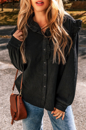 Black Ruffled Trim Blouse