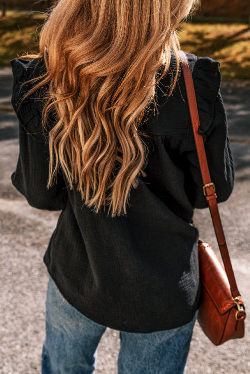 Black Ruffled Trim Blouse