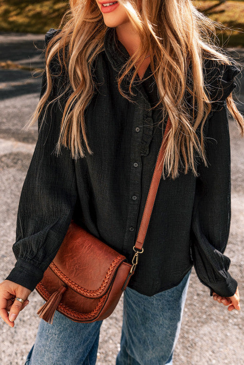 Black Ruffled Trim Blouse