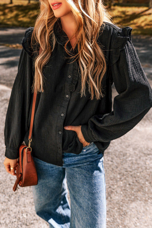 Black Ruffled Trim Blouse