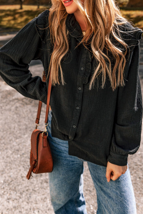 Black Ruffled Trim Blouse