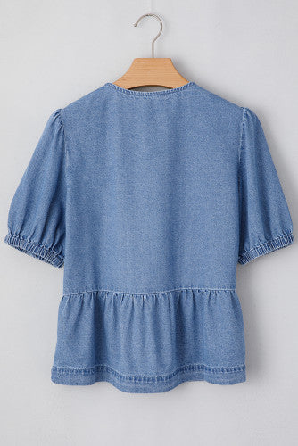 Denim Peplum Bow Top