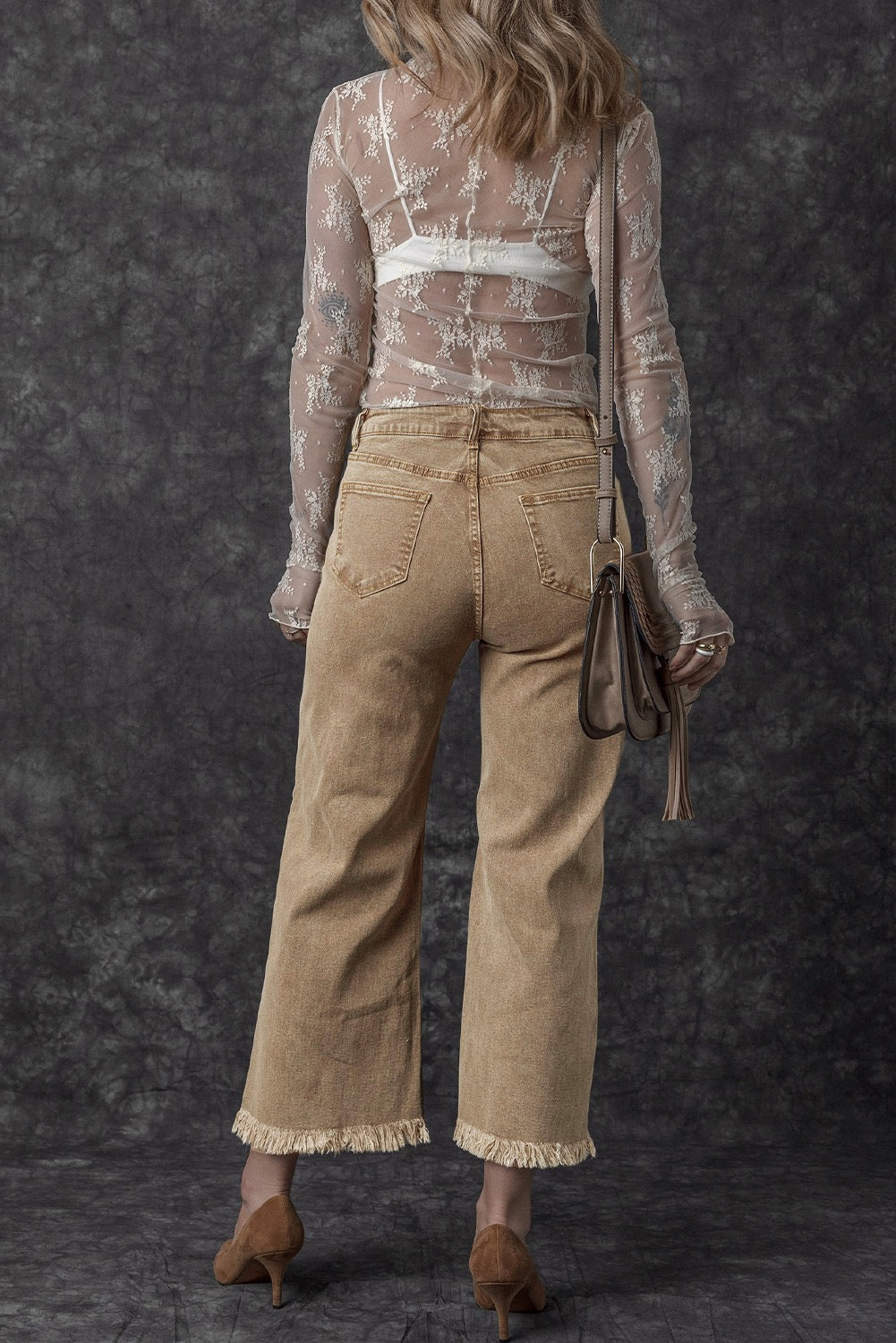 Beige Acid Washed High Rise Cropped Wide Leg Jeans