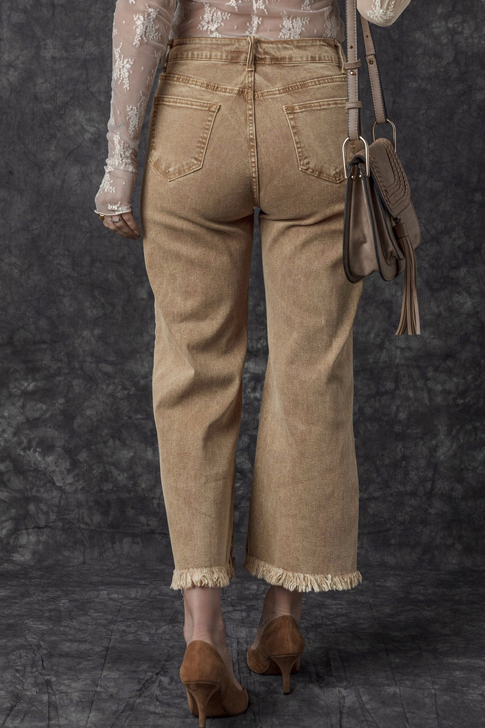 Beige Acid Washed High Rise Cropped Wide Leg Jeans