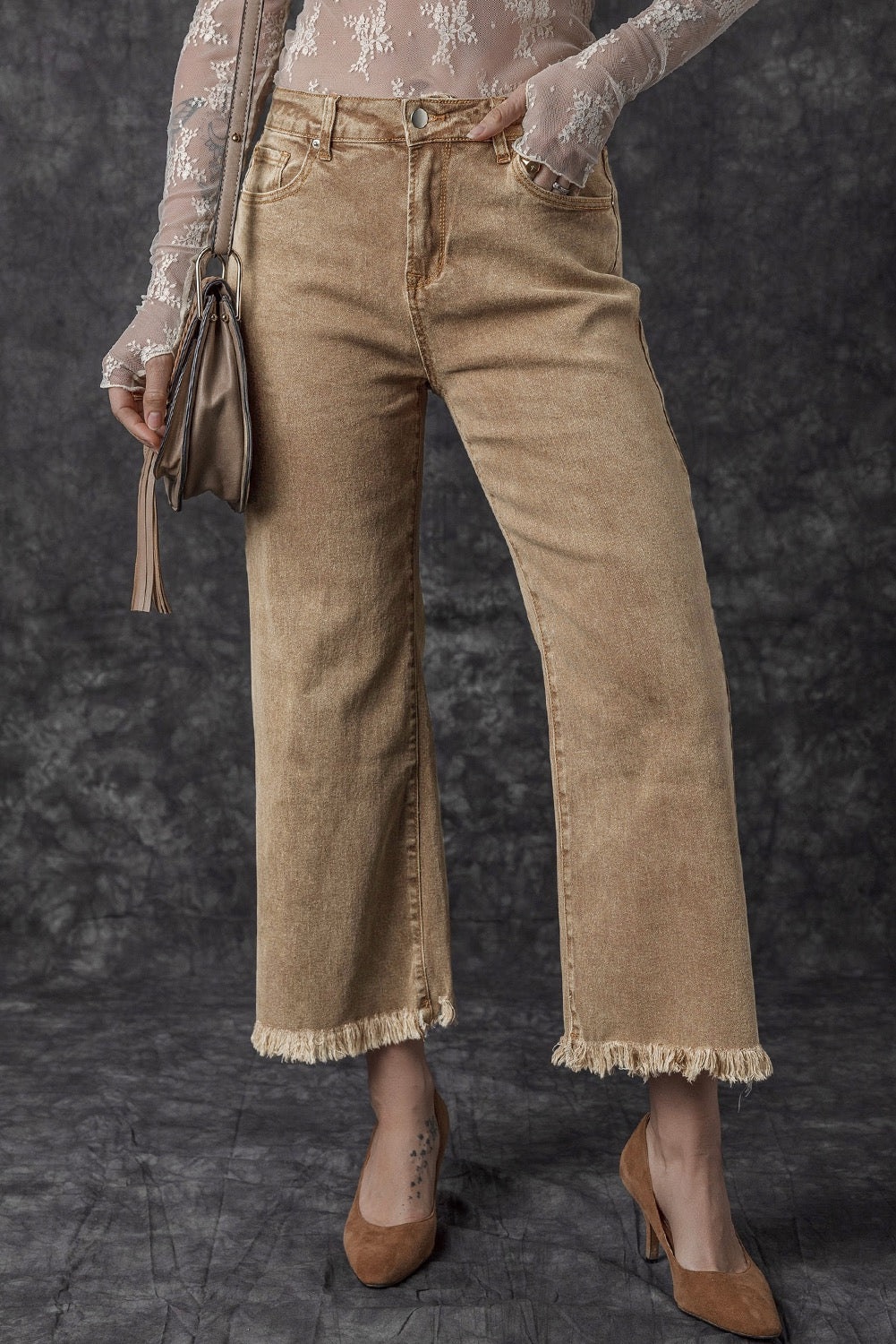 Beige Acid Washed High Rise Cropped Wide Leg Jeans