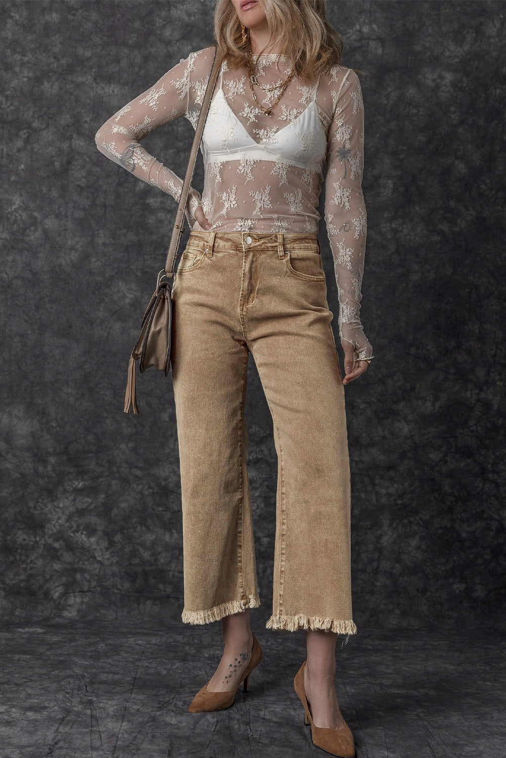 Beige Acid Washed High Rise Cropped Wide Leg Jeans