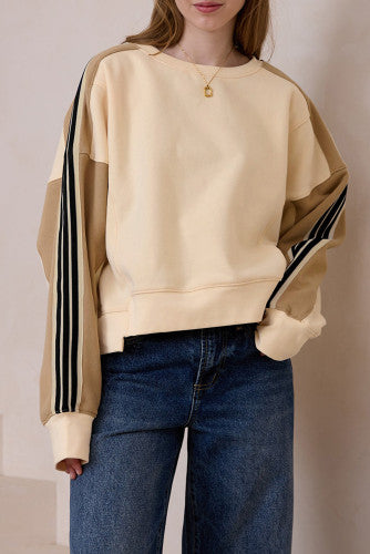 Beige Striped Crew Sweatshirt