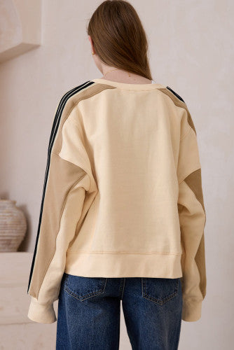 Beige Striped Crew Sweatshirt