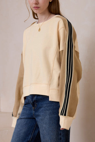 Beige Striped Crew Sweatshirt