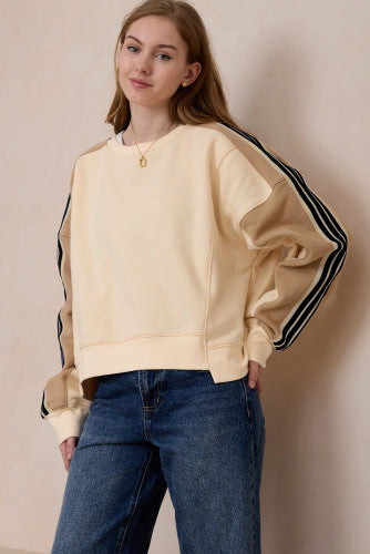 Beige Striped Crew Sweatshirt