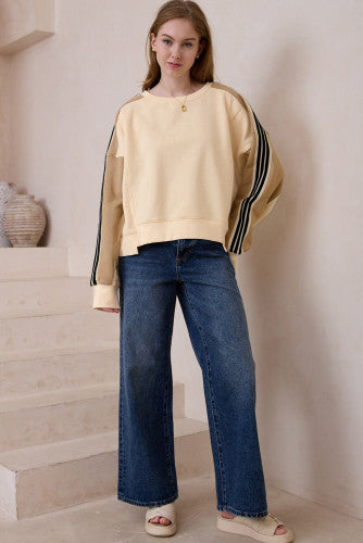 Beige Striped Crew Sweatshirt