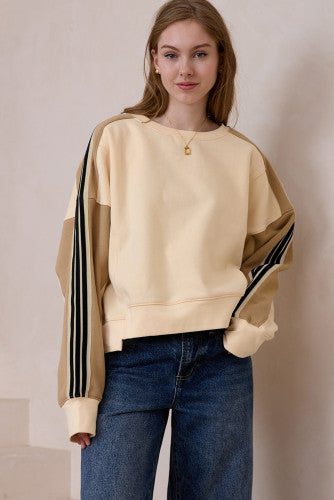 Beige Striped Crew Sweatshirt