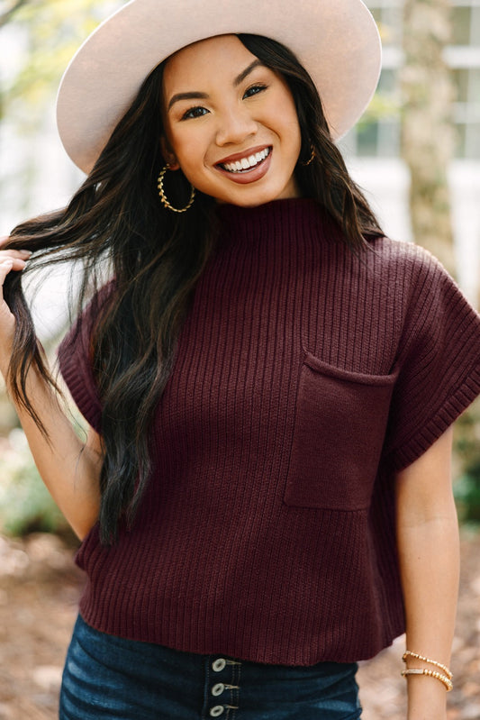 Burgundy Ribbed Knit Short Sleeve Sweater