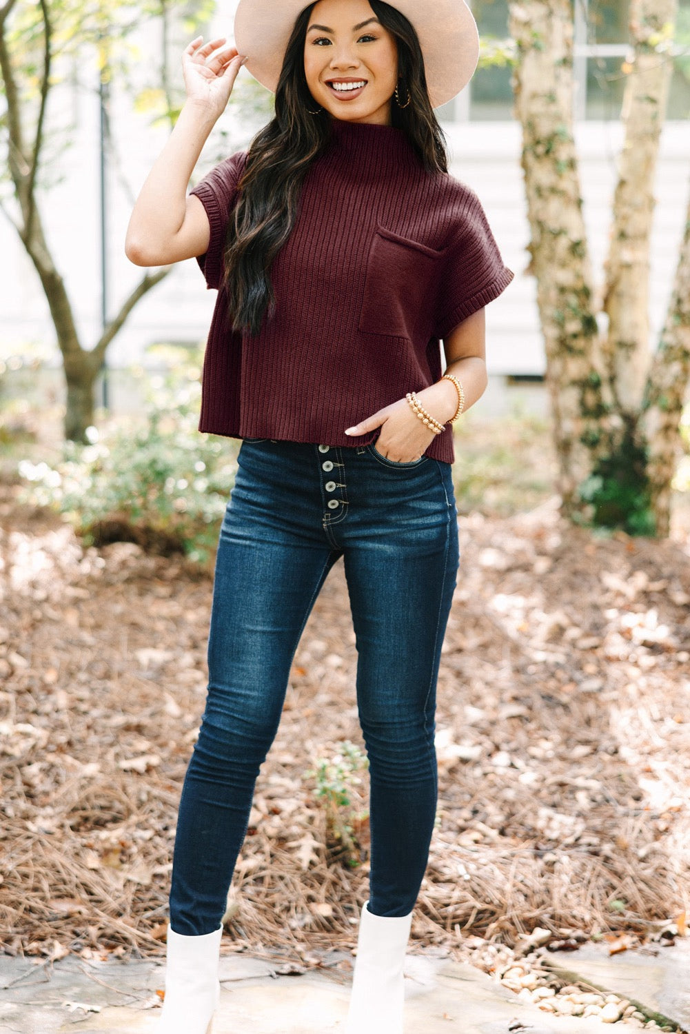 Burgundy Ribbed Knit Short Sleeve Sweater