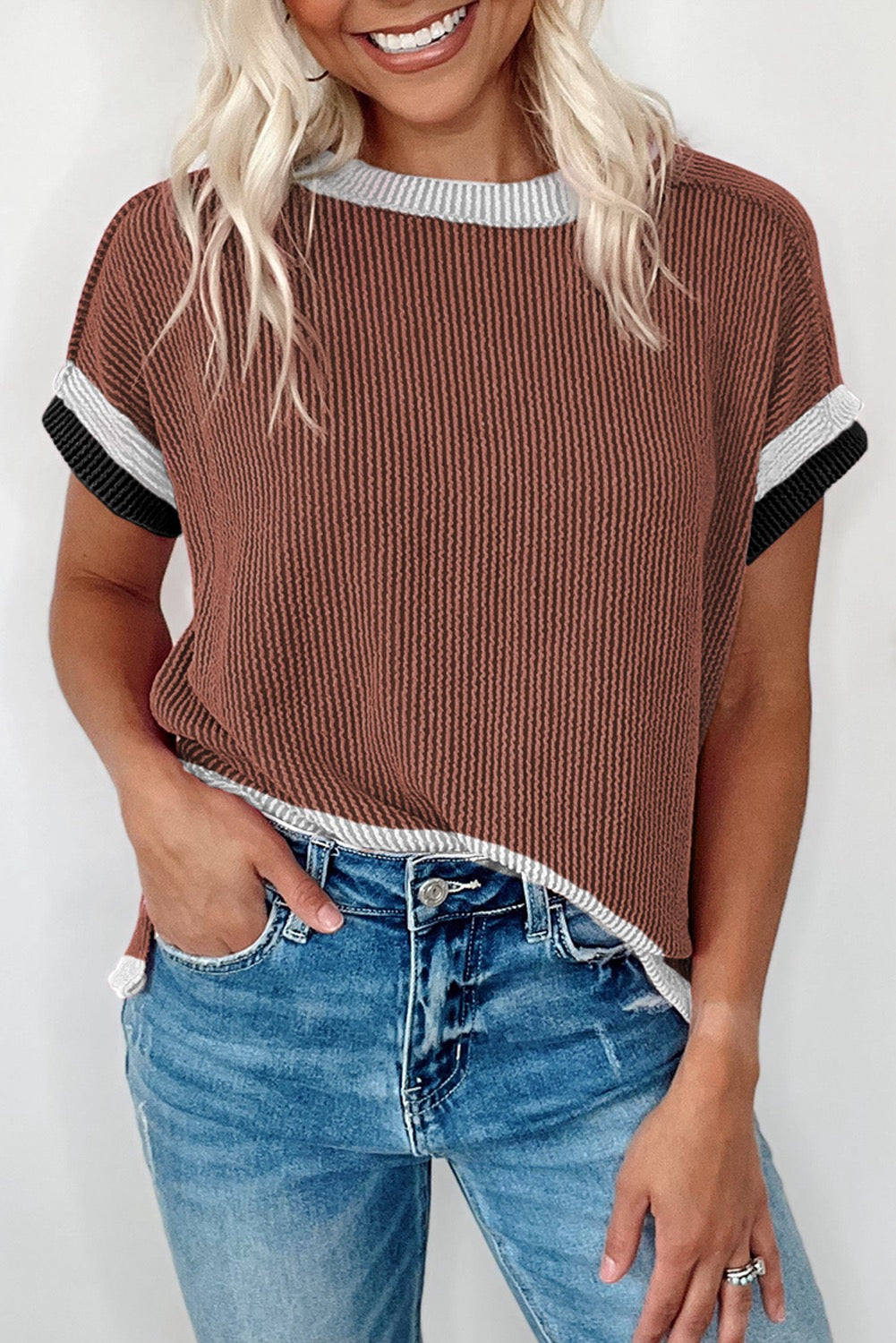 Feels So Right Brown Multi Ribbed Textured Top